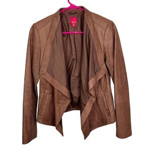 G.I.L.I Get it Love It Brown Leather Jacket Draped Open Front Pockets Women's 0